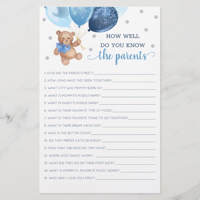 Papier Connaissez-Vous Bien Les Parents Jeu Teddy Bear (Devant)