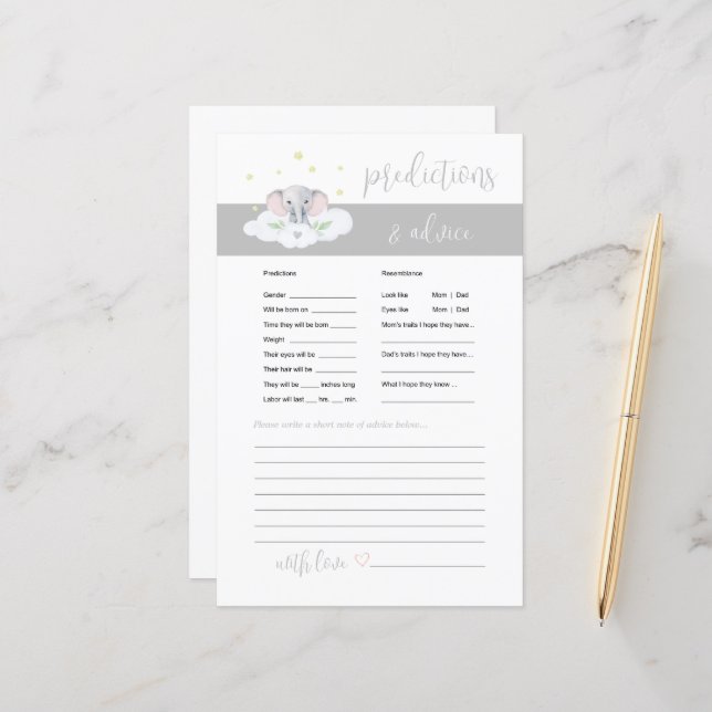 Papier Conseil bébé éléphant et prédictions Game Grey (Devant/Arrière en situation)