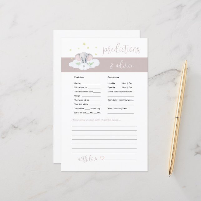Papier Conseil bébé éléphant et prédictions jeu rose (Devant/Arrière en situation)