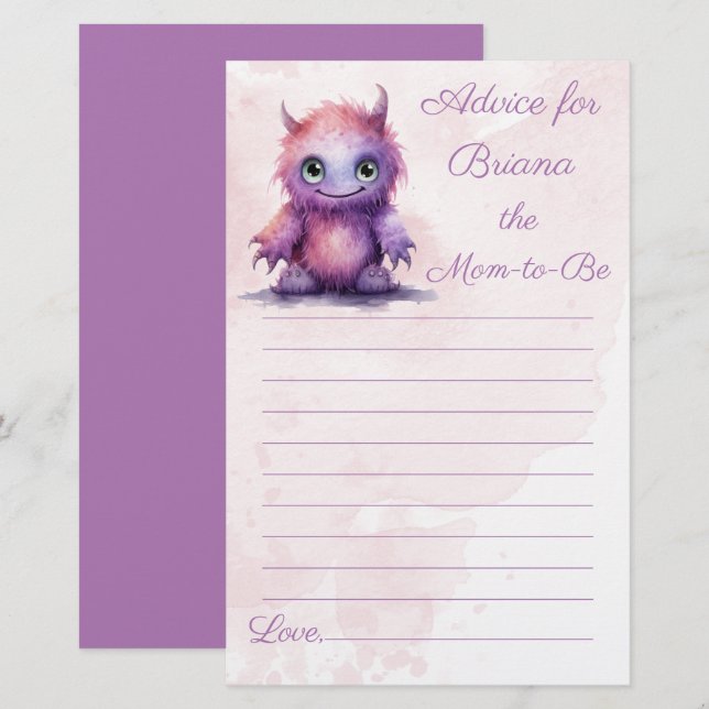 Papier Conseil de Baby shower pour maman de Monster Hallo (Devant / Derrière)