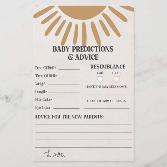 Papier conseil de soleil boho pour le jeu de baby shower (Devant)