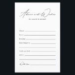 Papier Conseil Et Souhaits Minimalistes Des Mariages De F<br><div class="desc">Vous cherchez une façon simple et élégante de recueillir des conseils et des souhaits pour les jeunes mariés à leur douche nuptiale ou réception de mariage? Ne cherchez pas plus loin que cette Minimaliste Fête des mariées Mariage Conseils et Voeux Carte! Le design noir et blanc est à la fois...</div>