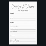 Papier Conseil mariage et souhaite espagnol<br><div class="desc">Ces draps simples, noirs et blancs, modernes, minimes, écrits à la main Espagnol Conseils & Voeux/Consejos y Deseos sont parfaits pour avoir une douche nuptiale, un dîner de répétition ou des invités mariages pour le couple heureux. Les gens vont adorer avoir les invites - ils rendent si facile de laisser...</div>
