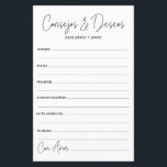 Papier Conseil mariage et souhaite espagnol<br><div class="desc">Ces draps simples, noirs et blancs, modernes, minimes, écrits à la main Espagnol Conseils & Voeux/Consejos y Deseos sont parfaits pour avoir une douche nuptiale, un dîner de répétition ou des invités mariages pour le couple heureux. Les gens vont adorer avoir les invites - ils rendent si facile de laisser...</div>