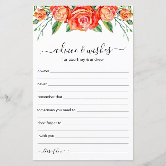 Papier Conseil mariage et souhaits Coral Floral (Devant)