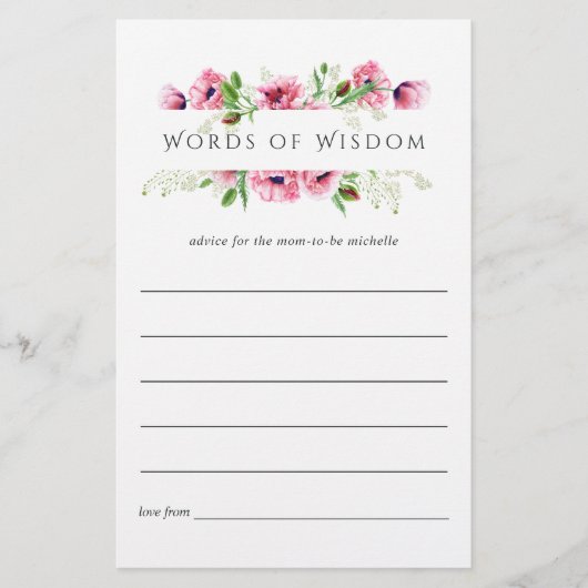 Papier Conseils de Baby Shower aquarelle poppies roses (Devant)