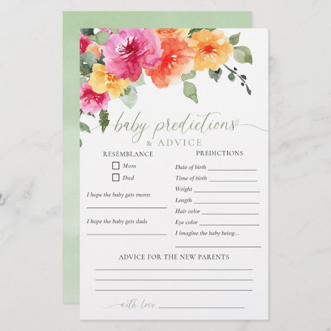 Papier Conseils de prédiction du bébé Fleur de printemps  (Devant / Derrière)