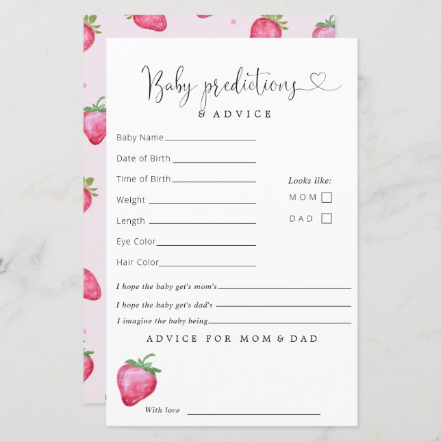 Papier Conseils de prédictions pour la Baby Shower de la  (Devant / Derrière)