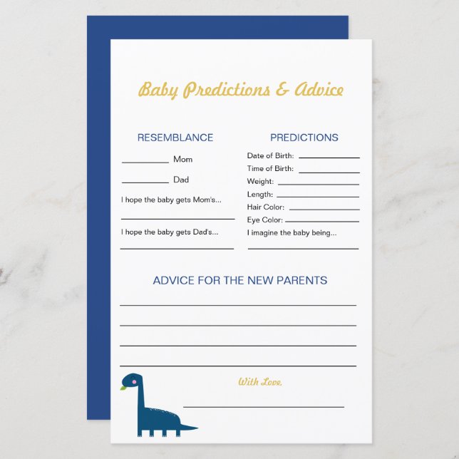 Papier Conseils et prédictions Dinosaur Baby shower Jeu (Devant / Derrière)