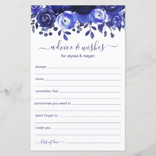 Papier Conseils et souhaits Blue Floral LGBTQ Mariage (Devant)