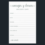 Papier Conseils et souhaits Espagnol<br><div class="desc">Ces draps simples, de couleur eucalyptus, modernes, minimes, écrits à la main Espagnol Conseils & Voeux/Consejos y Deseos sont parfaits pour avoir une douche nuptiale, un dîner de répétition ou des invités mariages remplir pour le couple heureux. Les gens vont adorer avoir les invites - ils rendent si facile de...</div>