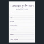 Papier Conseils et souhaits Espagnol<br><div class="desc">Ces draps simples, poussiéreux et violets, modernes, minimes, écrits à la main Espagnol Conseils & Voeux/Consejos y Deseos sont parfaits pour avoir une douche nuptiale, un dîner de répétition ou des invités mariages pour le couple heureux. Les gens vont adorer avoir les invites - ils rendent si facile de laisser...</div>