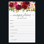 Papier Conseils et souhaits Espagnol<br><div class="desc">Ces draps simples, fleuris et manuscrits Espagnol Conseil & Voeux (Consejos y Deseos) avec des roses d'aquarelle bordeaux en haut sont parfaits pour avoir une douche nuptiale, un dîner de répétition ou des invités mariages pour le couple heureux. Les gens vont adorer avoir les invites - ils rendent si facile...</div>