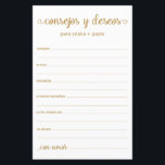 Papier Conseils et souhaits Espagnol<br><div class="desc">Ces draps simples, dorés, modernes, minimes, écrits à la main Espagnol Conseils & Voeux/Consejos y Deseos sont parfaits pour avoir une douche nuptiale, un dîner de répétition ou des invités mariages pour le couple heureux. Les gens vont adorer avoir les invites - ils rendent si facile de laisser des mots...</div>