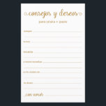 Papier Conseils et souhaits Espagnol<br><div class="desc">Ces draps simples, dorés, modernes, minimes, écrits à la main Espagnol Conseils & Voeux/Consejos y Deseos sont parfaits pour avoir une douche nuptiale, un dîner de répétition ou des invités mariages pour le couple heureux. Les gens vont adorer avoir les invites - ils rendent si facile de laisser des mots...</div>