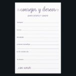 Papier Conseils et souhaits Espagnol<br><div class="desc">Ces draps simples, poussiéreux et violets, modernes, minimes, écrits à la main Espagnol Conseils & Voeux/Consejos y Deseos sont parfaits pour avoir une douche nuptiale, un dîner de répétition ou des invités mariages pour le couple heureux. Les gens vont adorer avoir les invites - ils rendent si facile de laisser...</div>