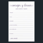 Papier Conseils et souhaits Espagnol<br><div class="desc">Ces draps simples, poussiéreux et violets, modernes, minimes, écrits à la main Espagnol Conseils & Voeux/Consejos y Deseos sont parfaits pour avoir une douche nuptiale, un dîner de répétition ou des invités mariages pour le couple heureux. Les gens vont adorer avoir les invites - ils rendent si facile de laisser...</div>