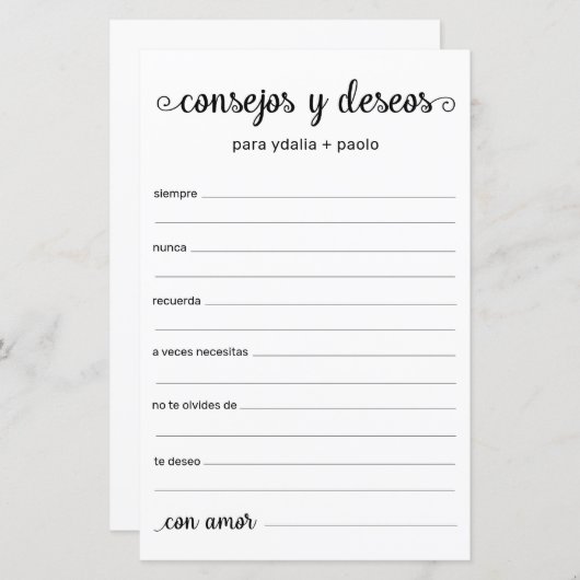 Papier Conseils et souhaits Espagnol (Devant / Derrière)