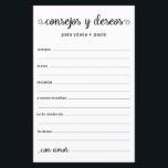 Papier Conseils et souhaits Espagnol<br><div class="desc">Ces draps simples, noirs et blancs, modernes, minimes, écrits à la main Espagnol Conseils & Voeux/Consejos y Deseos sont parfaits pour avoir une douche nuptiale, un dîner de répétition ou des invités mariages pour le couple heureux. Les gens vont adorer avoir les invites - ils rendent si facile de laisser...</div>