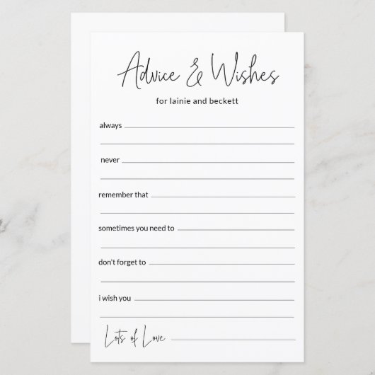 Papier Conseils et souhaits mariages (Devant / Derrière)