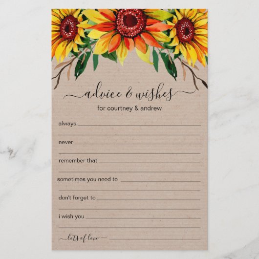 Papier Conseils et souhaits mariages tournesols rustiques (Devant)