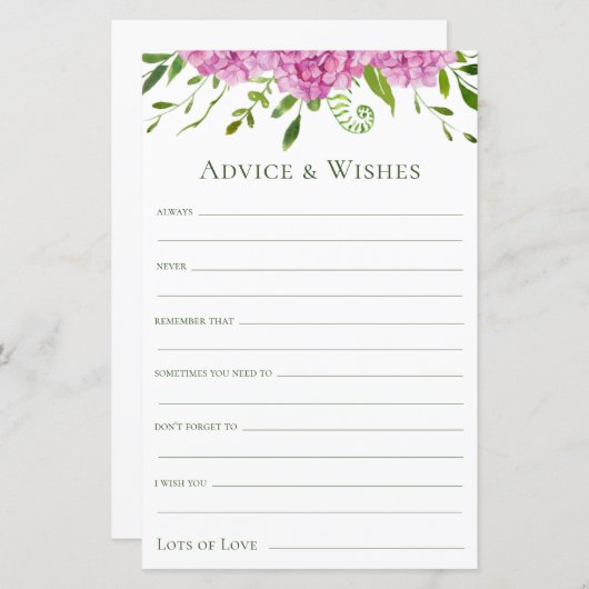 Papier Conseils et souhaits pour les Hydrangées roses (Devant / Derrière)