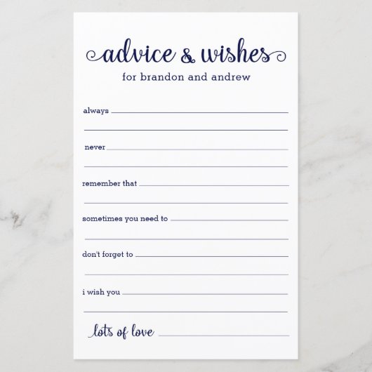 Papier Conseils et vœux de mariage LGBTQ Modern Navy Blue (Devant)