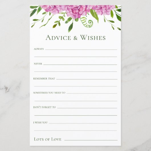 Papier Conseils et Vœux d'Hortensias Roses (Devant)