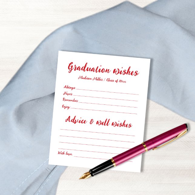 Papier Conseils & Souhaits Pour Les Grilles Rouges (Advice & Wishes For Graduate Red Handwritten Font)