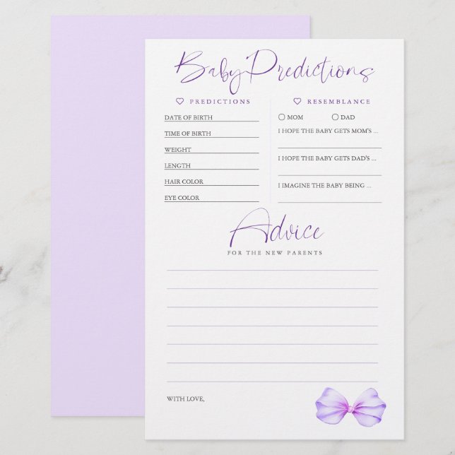 Papier Conseils sur les prédictions de bébé Baby shower v (Devant / Derrière)