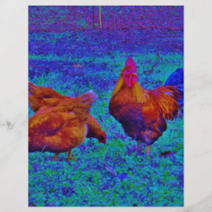 Papier Coq et poules arc-en-ciel, bleu électrique