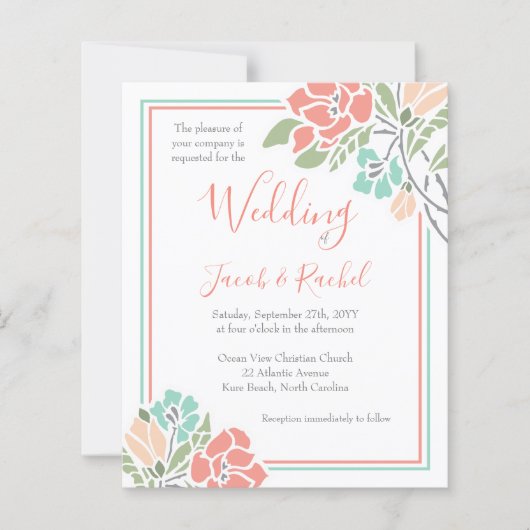 Papier Corail floral Faire-part de mariage Turquoise (Devant)