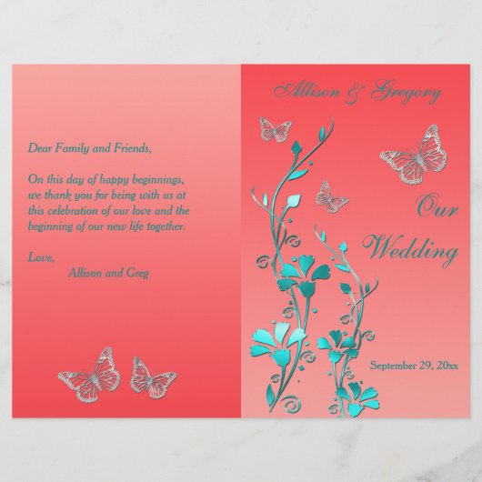 Papier Coral Aqua Silver Butterfly Floral Wedding Program (Devant)