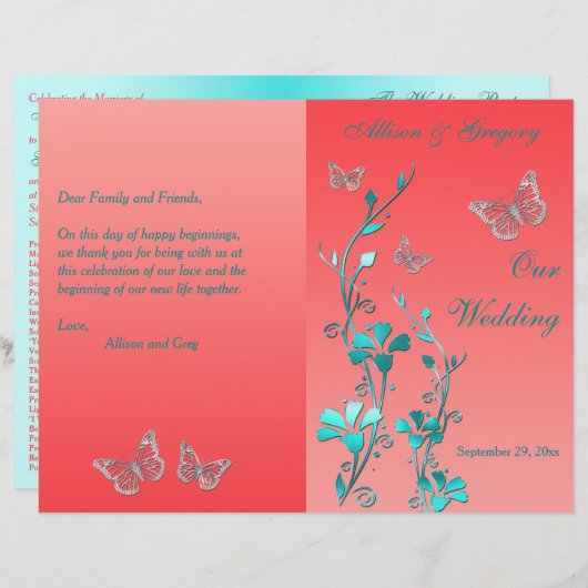 Papier Coral Aqua Silver Butterfly Floral Wedding Program (Devant / Derrière)