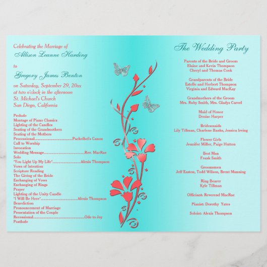 Papier Coral Aqua Silver Butterfly Floral Wedding Program (Dos)