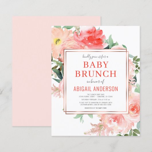 Papier Coral Floral Pêche Bébé Brunch Invitation (Devant / Derrière)