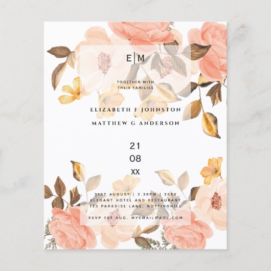 Papier Coral Peach Gold Bronze Floral Wedding Invitations (Devant)