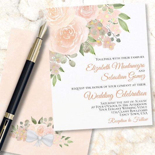 Papier Coral Peach Roses Élégant BUDGET Mariage Inviter