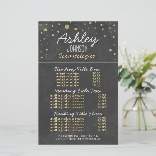 Papier Cosemtologue Chalkboard Services et prix (Debout devant)