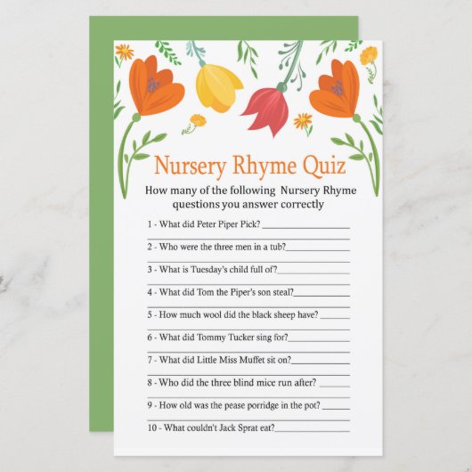 Papier Couleur tulipes Nursery Rhyme Quiz jeu de baby sho (Devant / Derrière)