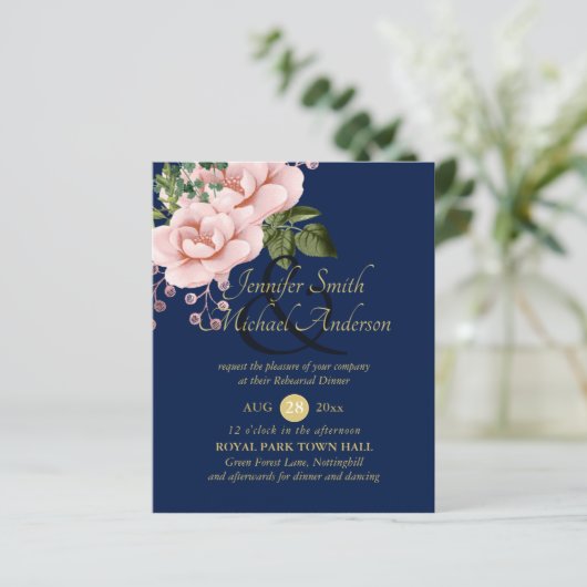 Papier Country Navy Blue Blush Rose Dîner de répétition (Debout devant)