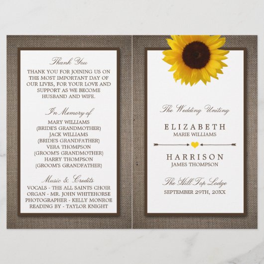 Papier Country Rustic Tournesol & Mariage Burlap (Devant)