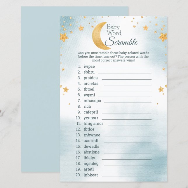 Papier Coup sur la lune Baby shower de mots jeu de course (Devant / Derrière)