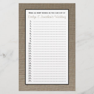 Papier Couple Jeux de Wedding shower de mariage - Burlap