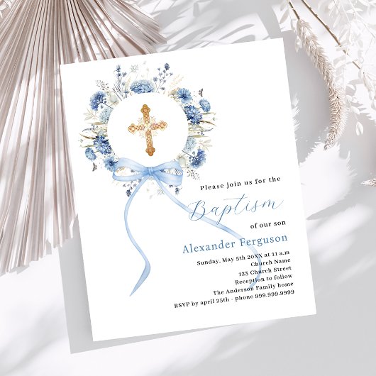 Papier Courbe fleurie bleue arc garçon baptême invitation
