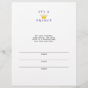 Papier Couronne d'or "It's a Prince" avec police Wizard
