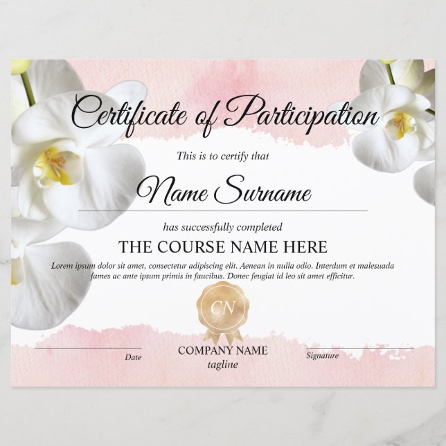 Papier Cours d'attribution de certificat de participation (Devant)