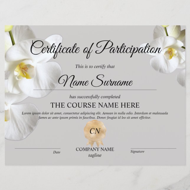 Papier Cours d'attribution de certificat de participation (Devant)