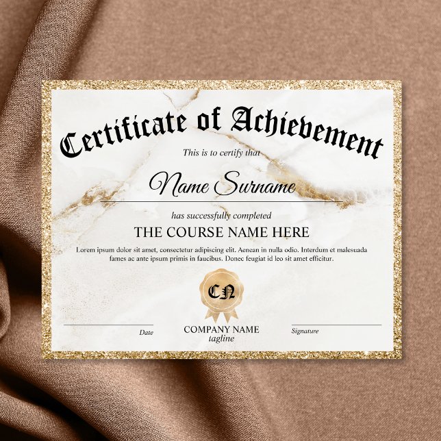 Papier Cours de remise de certificat d'excellence (white marble with gold glitter border certificate of achievement)