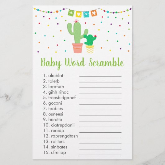 Papier Coute Fiesta Cactus Baby shower Word Scramble Jeu (Devant)